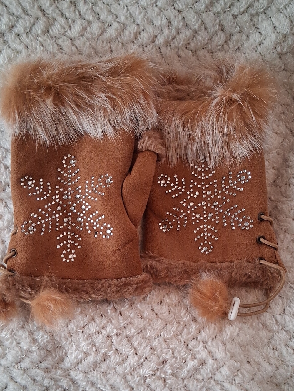 Womens Brown Faux-Fur Snowflake Fingerless Gloves